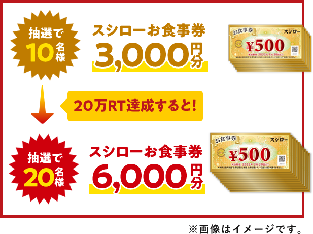 抽選で10名様　スシローお食事券3,000円分　20万RT達成すると！抽選で20名様　スシローお食事券6,000円分　