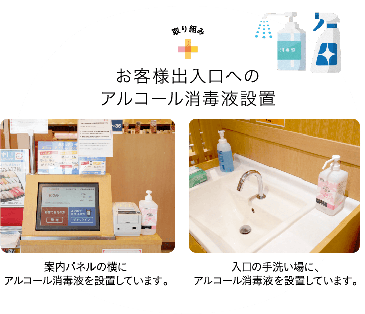 取り組み お客様出入口への
                  アルコール消毒液設置　案内パネルの横にアルコール消毒液を設置しています。　入口の手洗い場に、アルコール消毒液を設置しています。