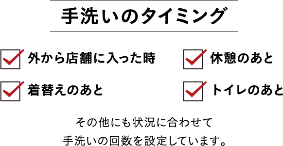 手洗いのタイミング ・外から店舗に入った時 ・休憩のあと ・着替えのあと ・トレイのあと　その他にも状況に合わせて手洗いの回数を設定しています。