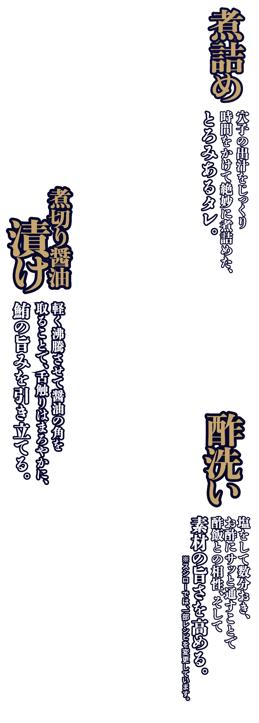 煮詰め：穴子の出汁をじっくり時間をかけて絶妙に煮詰めた、とろみあるタレ。煮切り醤油漬け：軽く沸騰させて醤油の角を取ることで、舌触りはまろやかに、鮪の旨みを引き立てる。酢洗い：塩をして数分おき、お酢にサッと通すことで酢飯との相性、そして素材の旨さを高める。※スシローでは、一部レシピを変更しています。